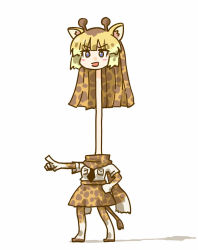Rule 34 | 10s, 1girl, :d, animal ears, animal print, black eyes, black necktie, blonde hair, blush stickers, giraffe ears, giraffe horns, giraffe print, giraffe tail, hand on own hip, horns, kemono friends, long hair, necktie, open mouth, pointing, reticulated giraffe (kemono friends), seki (red shine), simple background, smile, solo, tail, v-shaped eyebrows, white background
