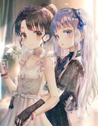 Rule 34 | 2girls, bare shoulders, black gloves, black hairband, blue eyes, blush, bow, breasts, brown hair, choker, collarbone, commentary request, dress, earrings, floral print, flower, gloves, grey hair, hair bow, hair ornament, hairband, highres, holding, holding flower, holding hands, huwari (dnwls3010), jewelry, long hair, looking at viewer, multiple girls, open mouth, original, short sleeves, small breasts, white choker, white dress, white gloves, yuri
