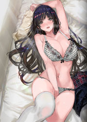 Rule 34 | 1girl, arm behind head, armpits, bare shoulders, between legs, black hair, blush, bra, breasts, cleavage, collarbone, commentary request, grey eyes, hand between legs, iridescent, large breasts, light rays, lingerie, long hair, looking at viewer, lowleg, lowleg panties, lying, multicolored hair, navel, on back, on bed, open mouth, original, panties, pillow, ran&#039;ou (tamago no kimi), single thighhigh, solo, streaked hair, swept bangs, thighhighs, underwear, white bra, white panties, white thighhighs