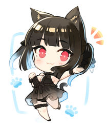 Rule 34 | 1girl, :3, animal ear fluff, animal ears, babydoll, bare shoulders, black babydoll, black hair, black panties, blunt bangs, blush, breasts, character request, chibi, cleavage, closed mouth, copyright request, dog ears, extra ears, hair ribbon, lingerie, looking at viewer, lowres, medium breasts, minoa (lastswallow), notice lines, panties, paw print, paw print background, red eyes, ribbon, scrunchie, see-through, sidelocks, simple background, solo, thigh strap, two side up, underwear, underwear only, white background, wrist scrunchie