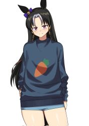 Rule 34 | 1girl, animal ears, arm at side, black hair, blue shorts, blue sweater, bow, carrot print, casual, commentary, commentary typo, ear bow, food print, fukuro (maruaru00), genderswap, genderswap (mtf), grey hair, hair intakes, hand on own hip, headgear, highres, horse ears, horse girl, long hair, long sleeves, looking at viewer, multicolored hair, original, personification, purple bow, purple eyes, reins, short shorts, shorts, simple background, smile, solo, stay gold (racehorse), sweater, two-tone hair, umamusume, v-shaped eyebrows, white background