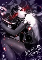 Rule 34 | 10s, 1girl, abyssal ship, bad id, bad pixiv id, bare shoulders, black hair, cannon, colored skin, dated, detached sleeves, from side, glowing, glowing eyes, gothic lolita, hairband, ieki, isolated island oni, kantai collection, light, lolita fashion, lolita hairband, pantyhose, red eyes, signature, smile, solo, white skin