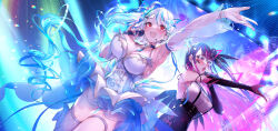 Rule 34 | 2girls, arm up, armpits, bare shoulders, blue hair, blush, breasts, butterfly hair ornament, commentary request, dress, elbow gloves, glasses, gloves, gluteal fold, grey hair, hair ornament, highres, holding, holding microphone, large breasts, microphone, multicolored hair, multiple girls, music, open mouth, original, purple eyes, purple gloves, purple hair, pyon-kichi, red eyes, singing, single thighhigh, smile, streaked hair, thigh strap, thighhighs, thighs, white dress, white thighhighs