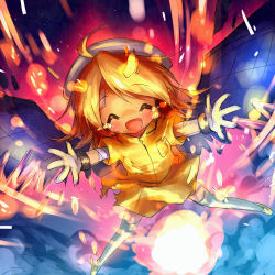 Rule 34 | atmospheric entry, aura, ayakashi (monkeypanch), bandages, black hair, bracelet, burning, chibi, closed eyes, dress, energy, falling, fire, friction burn, glowing, hat, hayabusa (spacecraft), heat, jewelry, mecha musume, outstretched arms, personification, plasma, satellite, short hair, smile, solo, space, spacecraft, spread arms, tears, thighhighs, torn clothes, wings, yellow dress