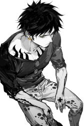 Rule 34 | 1boy, arm tattoo, black hair, chest tattoo, closed mouth, earrings, facial hair, from above, frown, glasses, greyscale, hand tattoo, highres, jewelry, jyukawa, male focus, monochrome, one piece, short hair, sitting, sleeves rolled up, solo, spot color, tattoo, trafalgar law, unworn eyewear, v-neck, white background, yellow eyes