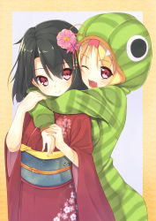 Rule 34 | 2girls, ;d, bad id, bad pixiv id, black hair, blonde hair, blush, breasts, fang, flower, hair flower, hair ornament, hug, hug from behind, japanese clothes, kimono, kinta (distortion), looking at viewer, multiple girls, one eye closed, open mouth, original, pink eyes, smile, snake costume