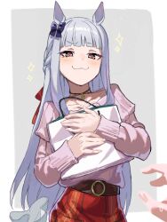 Rule 34 | 1girl, :3, animal ears, bag, blunt bangs, blush, commentary request, gold ship (umamusume), grey background, grey hair, handbag, highres, horse ears, horse girl, hugging object, koppe koppe, long hair, long sleeves, looking at viewer, red eyes, solo, two-tone background, umamusume, upper body, white background