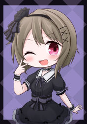 Rule 34 | 1girl, ;), absurdres, around the world (love live!), artist name, artist request, black border, black bow, black dress, black flower, black hairband, black ribbon, black skirt, black wrist cuffs, blush, border, bow, bowtie, breasts, brown hair, center frills, chibi, collarbone, collared dress, cross-laced clothes, cross-laced dress, detached collar, dress, dress bow, female focus, flower, frilled cuffs, frills, grey bow, grey hair, grey skirt, hair bow, hair flower, hair ornament, hairband, highres, light brown hair, looking at viewer, love live!, love live! nijigasaki high school idol club, love live! school idol festival, love live! school idol festival all stars, miniskirt, nakasu kasumi, neck ribbon, one eye closed, parted lips, pink eyes, plaid, plaid dress, plaid skirt, pleated, pleated dress, pleated skirt, puffy short sleeves, puffy sleeves, purple background, purple eyes, ribbon, short hair, short sleeves, skirt, small breasts, smile, solo, v over eye, white detached collar, white skirt, wink, wrist cuffs, x hair ornament