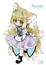 Rule 34 | 1girl, animal ear fluff, animal ears, arknights, artist name, black footwear, blonde hair, blue hairband, blush, braid, braided hair rings, closed mouth, clothing cutout, colored tips, commentary request, dress, fox ears, fox girl, fox tail, frilled dress, frilled sleeves, frills, full body, green eyes, hair rings, hairband, highres, kitsune, kitsune (con 1draw), kyuubi, looking at viewer, multicolored hair, multiple tails, pantyhose, purple dress, short hair, short sleeves, shoulder cutout, simple background, smile, solo, suzuran (arknights), tail, torn clothes, torn pantyhose, twin braids, twitter username, two-tone hair, white background, white hair, white pantyhose, wrist cuffs