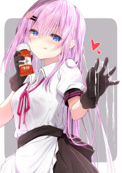 Rule 34 | 1girl, :p, apron, black gloves, black skirt, blue eyes, blush, closed mouth, collared shirt, commentary request, frilled apron, frills, gloves, grey background, hair between eyes, hair ornament, hairclip, heart, heart hair ornament, highres, holding, kouda suzu, long hair, looking at viewer, neck ribbon, one side up, original, pink hair, puffy short sleeves, puffy sleeves, purple ribbon, ribbon, shirt, short sleeves, skirt, smile, solo, suggestive fluid, tongue, tongue out, two-tone background, very long hair, waist apron, white apron, white background, white shirt