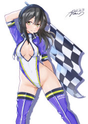 Rule 34 | 1girl, absurdres, ayuman, black hair, blue jacket, blue thighhighs, boots, character name, checkered flag, cleavage cutout, clothing cutout, cowboy shot, cropped jacket, dated, flag, hair ornament, hairclip, headphones, headset, highleg, highleg leotard, highres, jacket, kantai collection, leotard, long hair, looking at viewer, microphone, oyashio (kancolle), race queen, signature, simple background, solo, standing, thigh boots, thighhighs, turtleneck, white background, white leotard, yellow eyes