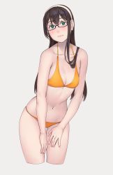 Rule 34 | 1girl, alternate costume, bare arms, bare legs, bare shoulders, bikini, black hair, blush, breasts, commentary request, cowboy shot, cropped legs, glasses, green eyes, hairband, halterneck, highres, kantai collection, long hair, looking at viewer, navel, ooyodo (kancolle), semi-rimless eyewear, simple background, small breasts, solo, string bikini, swimsuit, under-rim eyewear, yuuji (and)