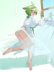 Rule 34 | 1girl, absurdres, animal ears, antenna hair, bad hands, bare legs, barefoot, blush, cat ears, curtains, unworn eyewear, feet, from behind, genshin impact, green hair, hair over shoulder, highres, jingzizaz, kneeling, long hair, morning, multicolored hair, on bed, open mouth, oversized clothes, oversized shirt, panties, plant, ponytail, shirt, short sleeves, soles, solo, streaked hair, sucrose (genshin impact), underwear, window, yellow eyes