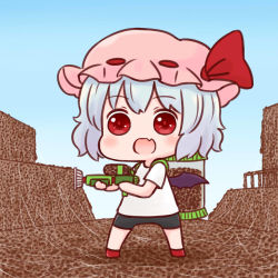 Rule 34 | 1girl, :d, backpack, bag, batta (ijigen debris), black shorts, blue background, blue hair, blush, chibi, commentary request, fang, food, hat, holding, holding weapon, looking at viewer, mob cap, nattou, nintendo, open mouth, red eyes, red footwear, remilia scarlet, shirt, shoes, short hair, short sleeves, shorts, smile, solo, splatoon (series), standing, touhou, water gun, weapon, white shirt