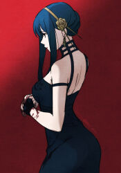 1girl black_dress black_gloves blood blood_on_hands blue_hair brown_flower brown_hairband cowboy_shot dress earrings flower from_side gloves hair_flower hair_ornament hairband highres jewelry profile red_background red_eyes short_hair_with_long_locks shoulder_blades sidelocks single_glove sketch sleeveless sleeveless_dress solo spy_x_family tama_._kogifu twitter_username yor_briar