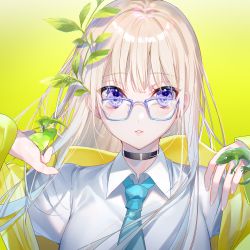 Rule 34 | 1girl, black collar, blue necktie, collar, collared shirt, frog, glasses, highres, leaf, leaf on head, light brown hair, long hair, looking at viewer, miwano rag, necktie, original, parted lips, purple eyes, shirt, solo, white shirt, yellow background