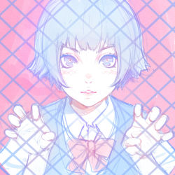 Rule 34 | blue eyes, blue hair, blue vest, bow, bowtie, collared shirt, copyright request, fence, hands up, ilya kuvshinov, lips, looking at viewer, parted lips, pink background, pink bow, pink bowtie, shirt, short hair, simple background, sketch, smile, solo, upper body, vest, white shirt, wing collar