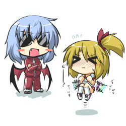 Rule 34 | &gt; &lt;, 2girls, :t, alternate costume, bat wings, blonde hair, blue hair, blush stickers, buruma, chibi, closed eyes, commentary request, crossed arms, exercising, fang, flapping, flying, flying sweatdrops, goma (gomasamune), gym uniform, hair ribbon, mikoto freesia scarlet (goma), multiple girls, original, remilia scarlet, ribbon, short hair, side ponytail, simple background, sunglasses, sweat, touhou, track suit, training, translation request, white background, wings