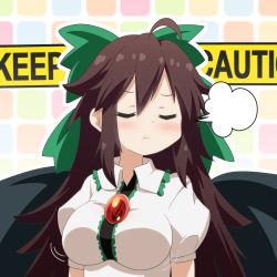 Rule 34 | 1girl, :t, puff of air, ahoge, black wings, blush, bow, breasts, brown hair, cato (monocatienus), caution tape, center frills, closed eyes, commentary request, frilled shirt collar, frills, green bow, hair bow, highres, long hair, medium breasts, outline, pout, puffy short sleeves, puffy sleeves, reiuji utsuho, shirt, short sleeves, solo, touhou, upper body, white outline, white shirt, wings