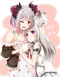 Rule 34 | 2girls, nanashi inc., alternate hairstyle, animal ears, animare, braid, breasts, cleavage, commentary request, hair ornament, hairclip, highres, holding hands, honey strap, large breasts, multiple girls, official alternate costume, orange eyes, purple eyes, sch, shiromiya mimi, short hair, side braid, silver hair, simple background, suou patra, virtual youtuber