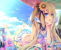 Rule 34 | 1girl, barefoot, beach, bikini, blonde hair, blue bikini, blue eyes, blush, bottle, breasts, butt crack, carton, cleavage, cloud, cola, day, drinking straw, feet, flower, frilled bikini, frills, hair flower, hair ornament, hair ribbon, head rest, holding, jitome, lens flare, long hair, lying, medium breasts, on stomach, open mouth, original, outdoors, peragura, ribbon, rubber duck, sky, soles, solo, swimsuit, the pose, thigh strap, toes, twintails, water