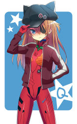 Rule 34 | 10s, 1girl, animal hat, bad id, bad pixiv id, badge, blue eyes, blush, brown hair, cat hat, evangelion: 3.0 you can (not) redo, eyepatch, hand in pocket, hat, hat tip, jacket, long hair, neon genesis evangelion, open clothes, open jacket, plugsuit, rebuild of evangelion, solo, sonsoso, souryuu asuka langley, star (symbol), track jacket
