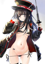 1girl bikini black_bikini black_choker black_hair black_hat black_jacket black_ribbon black_thighhighs breast_pocket breasts breasts_apart brown_eyes choker collarbone commentary_request cowboy_shot emblem facial_mark gradient_background grey_background groin hands_up hat highres holding jacket long_hair long_sleeves looking_at_viewer lowleg lowleg_bikini navel open_clothes open_jacket original parted_lips peaked_cap pocket ribbon side-tie_bikini_bottom small_breasts smile solo star_(symbol) stomach swimsuit thighhighs tsuseki underboob unzipped