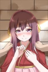 Rule 34 | 1girl, :|, absurdres, artist name, closed mouth, disco brando, hakama, hakama skirt, half updo, hand on own chest, hands on another&#039;s shoulders, highres, japanese clothes, jewelry, kamikaze (kancolle), kantai collection, kimono, long hair, looking at viewer, meiji schoolgirl uniform, out of frame, pink hakama, pov, pov hands, ring, skirt, smile, solo focus, stone wall, tasuki, wall, wedding band