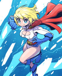 Rule 34 | 1girl, animification, belt, blonde hair, blue eyes, blue footwear, blue gloves, boots, breasts, cape, cleavage, clenched hand, dc comics, floating hair, gloves, large breasts, leotard, open hand, power girl, red belt, red cape, short hair, smile, solo, sunafuki tabito, superhero costume, superman (series), v-shaped eyebrows, white leotard