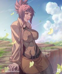 Rule 34 | 1girl, artist name, arttoru, belt, breasts, bug, butterfly, cloud, english text, fishnet top, fishnets, forehead protector, highres, insect, large breasts, long sleeves, mitarashi anko, naruto, naruto (series), open clothes, open mouth, open shirt, purple hair, solo, watermark
