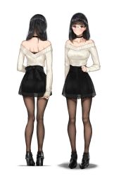 Rule 34 | 1girl, arm behind back, bare shoulders, black bow, black eyes, black footwear, black hair, black neckwear, black skirt, blunt bangs, blush, bow, breasts, brown pantyhose, closed mouth, collarbone, fishnet pantyhose, fishnets, from behind, full body, glasses, high-waist skirt, high heels, long sleeves, looking at viewer, medium breasts, multiple views, off-shoulder, off-shoulder sweater, off shoulder, original, pantyhose, rimless eyewear, see-through, shoes, shoulder blades, skirt, sleeves past wrists, standing, sweater, tsukino wagamo, white sweater
