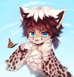 Rule 34 | 1girl, :3, animal ears, animal hands, blue background, blue eyes, blue sky, blush, bracelet, brown hair, bug, butterfly, chromatic aberration, cloud, collar, day, earrings, fangs, female focus, furry, furry female, hand up, happy, insect, jewelry, light blush, looking at viewer, methynecros, multicolored hair, open mouth, original, outdoors, short hair, simple background, sky, smile, solo, teeth, tongue, two-tone hair, upper body, white hair