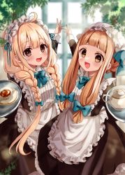 Rule 34 | 2girls, :d, ahoge, alternate costume, apron, black dress, blonde hair, blue bow, blurry, blurry background, bow, braid, brown eyes, collared shirt, commentary request, cup, depth of field, dress, enmaided, frilled apron, frills, futaba anzu, hair over shoulder, hat, highres, holding, holding tray, ichihara nina, idolmaster, idolmaster cinderella girls, idolmaster cinderella girls starlight stage, indoors, juliet sleeves, long hair, long sleeves, looking at viewer, maid, mob cap, multiple girls, open mouth, puffy sleeves, rino cnc, saucer, shirt, smile, teacup, teapot, tray, twin braids, very long hair, waist apron, white apron, white headwear, white shirt, window