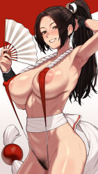 Rule 34 | 1girl, arm up, armpits, blush, breasts, brown eyes, brown hair, commentary request, covered erect nipples, fatal fury, female pubic hair, folding fan, grin, hand fan, hand up, high ponytail, highres, holding, holding fan, large breasts, long hair, looking at viewer, nt00, ponytail, pubic hair, revealing clothes, shiranui mai, simple background, slingshot swimsuit, smile, solo, swimsuit, teeth, white background