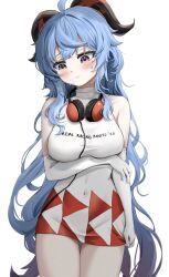 Rule 34 | 1girl, absurdres, ahoge, alternate costume, arm under breasts, averting eyes, bare shoulders, blue hair, blush, breasts, clothes writing, covered navel, cowboy shot, dress, earrings, elbow gloves, ganyu (genshin impact), genshin impact, gloves, headphones, headphones around neck, highres, horns, impossible clothes, jeon (user ywaw3774), jewelry, large breasts, long hair, mole, mole under eye, purple eyes, race queen, sidelocks, simple background, sleeveless, sleeveless dress, solo, sweat, tight clothes, very long hair, white background, white gloves