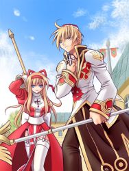 Rule 34 | 1boy, 1girl, biretta, blonde hair, blue eyes, blue sky, bow, breasts, brown coat, brown pants, closed mouth, cloud, coat, commentary request, cross, cross necklace, day, dress, feet out of frame, garter straps, hair between eyes, hair ribbon, hairband, high priest (ragnarok online), holding, holding staff, jewelry, juliet sleeves, layered clothes, long hair, long sleeves, looking afar, looking at viewer, medium breasts, multicolored coat, necklace, outdoors, pants, puffy sleeves, ragnarok online, red coat, red dress, red hairband, red ribbon, ribbon, sakakura (sariri), sash, short hair, sky, smile, staff, thighhighs, two-tone coat, two-tone dress, white bow, white coat, white dress, white sash, white thighhighs