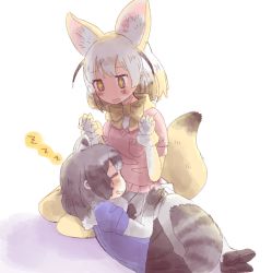 Rule 34 | + +, 10s, 2girls, animal ears, black hair, blonde hair, blush, bow, bowtie, breast pocket, common raccoon (kemono friends), elbow gloves, closed eyes, fang, fennec (kemono friends), fox ears, fox tail, gloves, grey hair, hasu (zatsugami), highres, kemono friends, lap pillow, multicolored hair, multiple girls, open mouth, pantyhose, pocket, puffy short sleeves, puffy sleeves, raccoon ears, raccoon tail, seiza, short hair, short sleeves, sitting, sleeping, sweater, tail, thighhighs, zzz