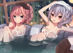 Rule 34 | 2girls, absurdres, arm up, blue eyes, blurry, blurry background, blush, breasts, character request, cleavage, closed mouth, collarbone, covering privates, depth of field, fang, fate/grand order, fate (series), hair between eyes, highres, looking at viewer, medium breasts, multiple girls, naked towel, nude cover, open mouth, partially submerged, pink hair, ponytail, red eyes, rock, sapphire (sapphire25252), sidelocks, silver hair, sitting, smile, sparkle, towel, towel on head, water, wet, wet towel