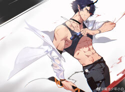 Rule 34 | 1boy, abs, arknights, bara, black hair, blood, eloseu (haribochase), flamebringer (arknights), flamebringer (casual vacation) (arknights), from side, large pectorals, looking ahead, male focus, muscular, muscular male, navel, official alternate costume, orange eyes, pectorals, pointy ears, short hair, smirk, solo, stomach, sunglasses, thick eyebrows