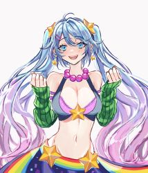 Rule 34 | 1girl, absurdres, arcade sona, blue eyes, blue hair, blush, breasts, cleavage, cowboy shot, earrings, gradient hair, green sleeves, hair ornament, hairclip, hanacues, hands up, highres, jewelry, large breasts, league of legends, light purple hair, long hair, long sleeves, looking at viewer, multicolored hair, navel, necklace, open mouth, rainbow order, simple background, sleeves past wrists, smile, solo, sona (league of legends), star (symbol), star earrings, twintails, upper body, white background