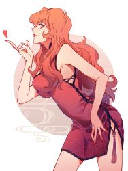 Rule 34 | 1girl, asam, bare arms, bare shoulders, breasts, brown eyes, cowboy shot, dress, hair between eyes, heart, highres, large breasts, leaning forward, long hair, looking at viewer, lupin iii, mine fujiko, nail polish, orange hair, parted lips, red dress, red lips, red nails, side slit, solo, tassel, wavy hair