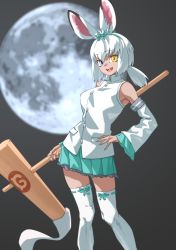Rule 34 | 1girl, :d, absurdres, animal ears, aqua skirt, bare shoulders, blue bow, blue eyes, bow, commentary, detached sleeves, food, frilled sleeves, frills, full moon, hair bow, hand on own hip, heterochromia, high collar, highres, japari symbol, kemono friends, kine, mallet, medium hair, mochi, moon, night, night sky, open mouth, pleated skirt, rabbit ears, rabbit girl, rabbit tail, ribbon-trimmed thighhighs, ribbon trim, shirt, skirt, sky, smile, solo, tail, tanabe (fueisei), thighhighs, tsukuyomi shinshi (kemono friends), white hair, white shirt, white sleeves, white thighhighs, wide sleeves, yellow eyes, zettai ryouiki