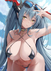Rule 34 | 1girl, absurdres, azur lane, black slingshot swimsuit, blue hair, breasts, choker, dragon horns, eyewear on head, highres, horns, kanesada dp, large breasts, long hair, looking at viewer, mechanical horns, mechanical tail, official alternate costume, regensburg (azur lane), regensburg (dark dragon brilliant beach) (azur lane), slingshot swimsuit, solo, spikes, stomach, sunglasses, swimsuit, tail, thighs, twintails, yellow eyes