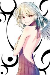 Rule 34 | 1girl, aran sweater, ass, back, backless dress, backless outfit, bare arms, bare back, bare shoulders, cable knit, cobalt, commentary request, crossed arms, drawstring, dress, from side, grey wings, half-closed eyes, halterneck, hand on own arm, highres, kishin sagume, looking at viewer, looking back, meme attire, naked sweater, red eyes, ribbed sweater, short hair, shoulder blades, silver hair, single wing, sleeveless, sleeveless turtleneck, smile, solo, standing, sweater, touhou, turtleneck, turtleneck sweater, upper body, virgin killer sweater, wings
