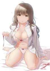 Rule 34 | 1girl, admiral (kancolle), ahoge, bare legs, barefoot, blush, bra, breasts, brown hair, commentary request, dress shirt, epaulettes, highres, kantai collection, large breasts, long hair, long sleeves, looking at viewer, military, military uniform, naval uniform, open mouth, panties, ribbon-trimmed clothes, ribbon trim, shinshuu maru (kancolle), shirt, simple background, sitting, solo, underwear, uniform, wamu (chartreuse), wariza, white background