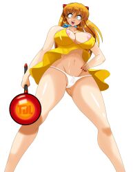 Rule 34 | 1girl, alcione makoto, bare legs, blue eyes, brown hair, cameltoe, clothes lift, dress, dress lift, foreshortening, hand on own hip, highres, long hair, looking at viewer, micro panties, neon genesis evangelion, open mouth, panties, skindentation, skirt, smile, solo, source request, souryuu asuka langley, standing, sundress, thong, transparent background, tsundere, underwear, white panties, wide hips, yellow dress