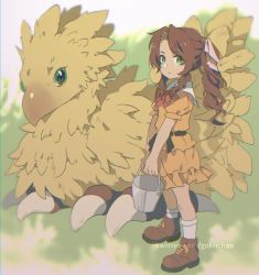 Rule 34 | 1girl, aerith gainsborough, aged down, beak, boots, bow, bowtie, brown hair, bucket, child, chocobo, dress, final fantasy, final fantasy vii, final fantasy vii remake, frilled skirt, frills, full body, goku-chan, green eyes, hair bow, holding, holding bucket, orange dress, parted bangs, ponytail, puffy short sleeves, puffy sleeves, sailor collar, short sleeves, sidelocks, skirt, solo, square enix, standing, talons, wavy hair