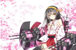 Rule 34 | 1girl, black bow, black hair, bow, brown eyes, detached sleeves, floral background, fuuna, hairband, hakama, hakama short skirt, hakama skirt, haruna (kancolle), highres, japanese clothes, kantai collection, pleated skirt, red skirt, skirt, smile, solo, weapon, yellow hairband