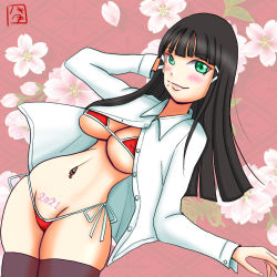 Rule 34 | 10s, 1girl, 2021, aqua eyes, bikini, black hair, black thighhighs, blush, breasts, cleavage, collared shirt, female focus, green eyes, hair ornament, hairclip, hand on head, jacket, kurosawa dia, long hair, looking at viewer, love live!, love live! sunshine!!, medium breasts, mole, mole under mouth, naked shirt, navel, navel piercing, open clothes, open jacket, parted lips, piercing, red bikini, shirt, signature, smile, solo, standing, swimsuit, thighhighs, zero mozzarella