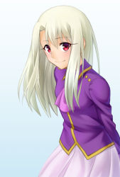 Rule 34 | 1girl, arms behind back, closed mouth, cowboy shot, dress shirt, fate/stay night, fate (series), gyatto624, hair between eyes, illyasviel von einzbern, leaning forward, long hair, long sleeves, looking at viewer, pleated skirt, purple neckwear, purple shirt, red eyes, shirt, silver hair, simple background, skirt, smile, solo, standing, white background, white skirt
